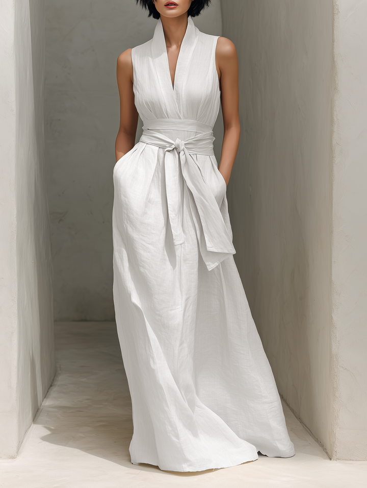 Women's Linen Tie-Waist Maxi Dress