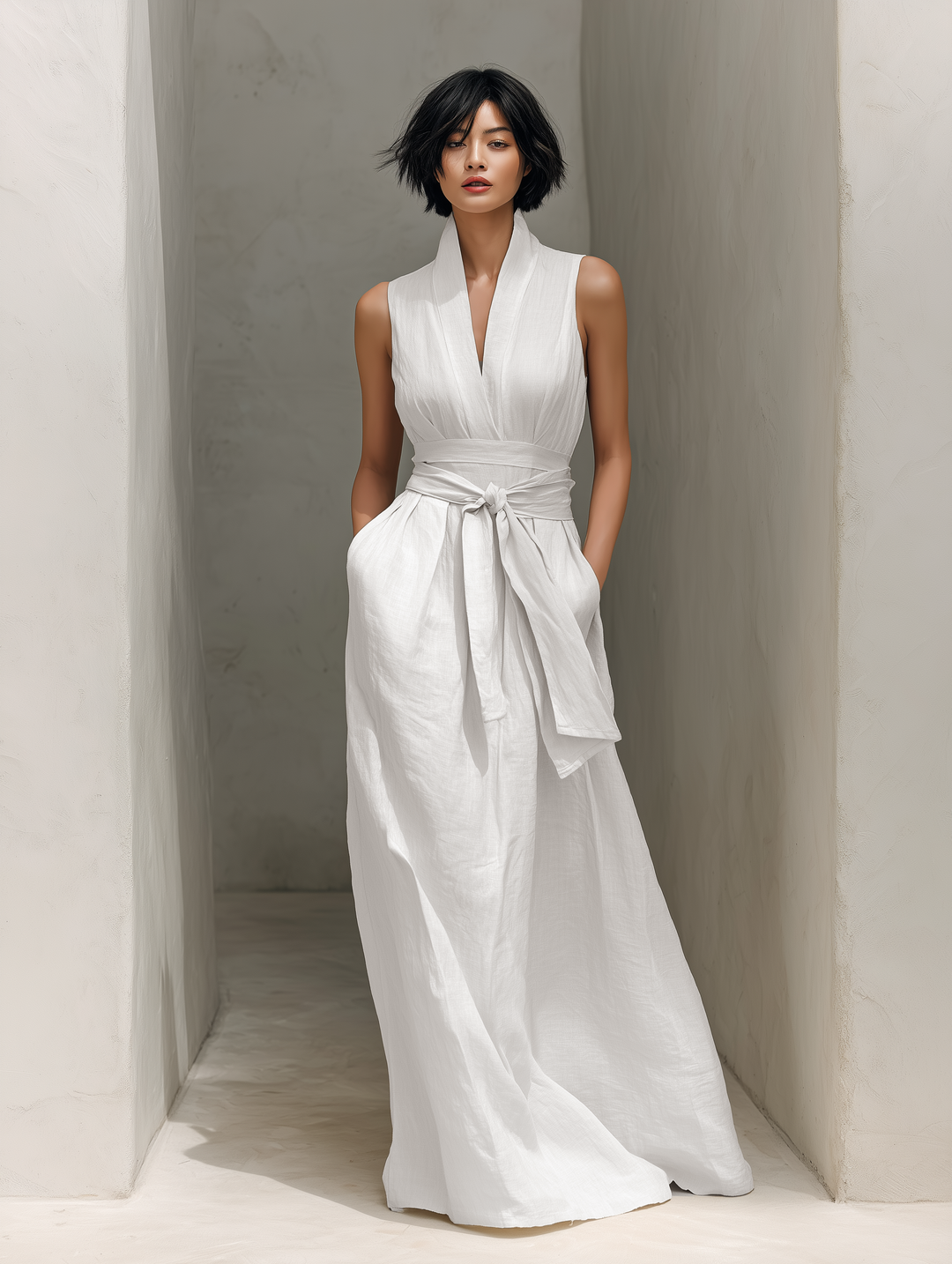 Women's Linen Tie-Waist Maxi Dress