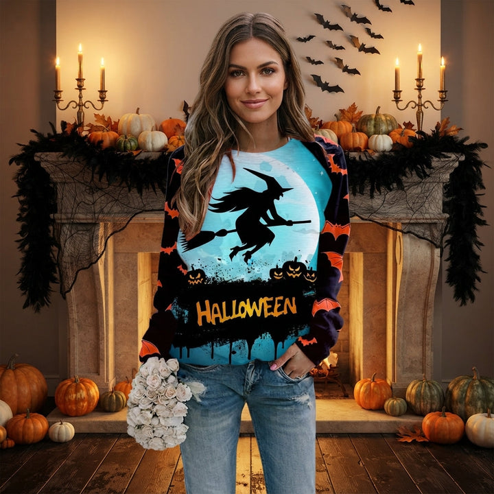 Women's Halloween Witch Print Jumper with Bat Sleeves