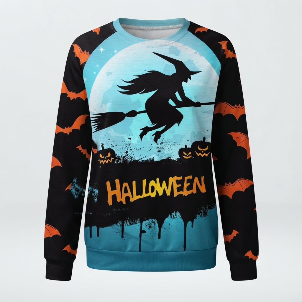 Women's Halloween Witch Print Jumper with Bat Sleeves