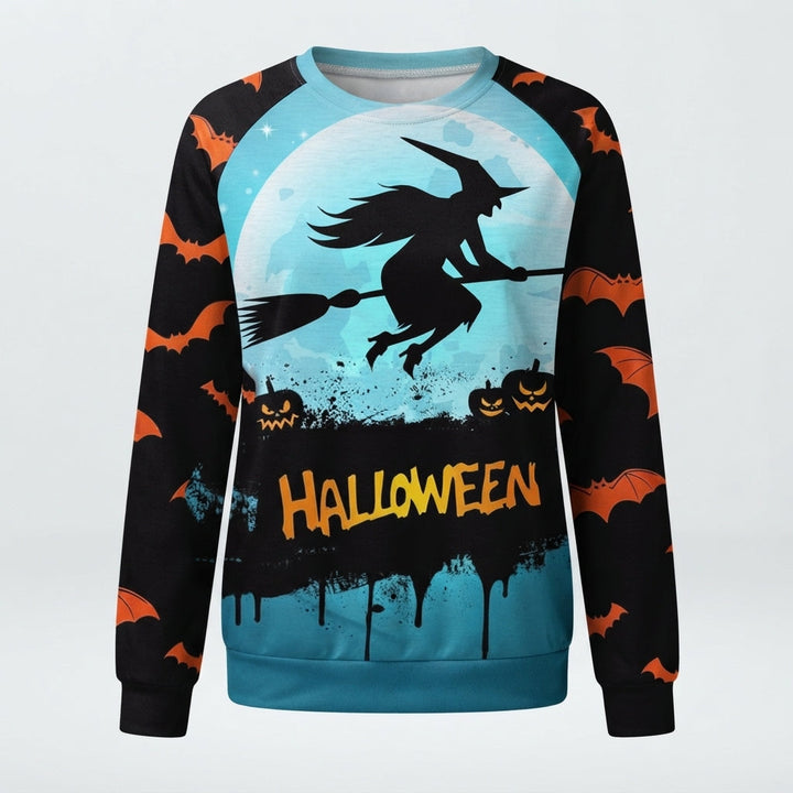 Women's Halloween Witch Print Jumper with Bat Sleeves