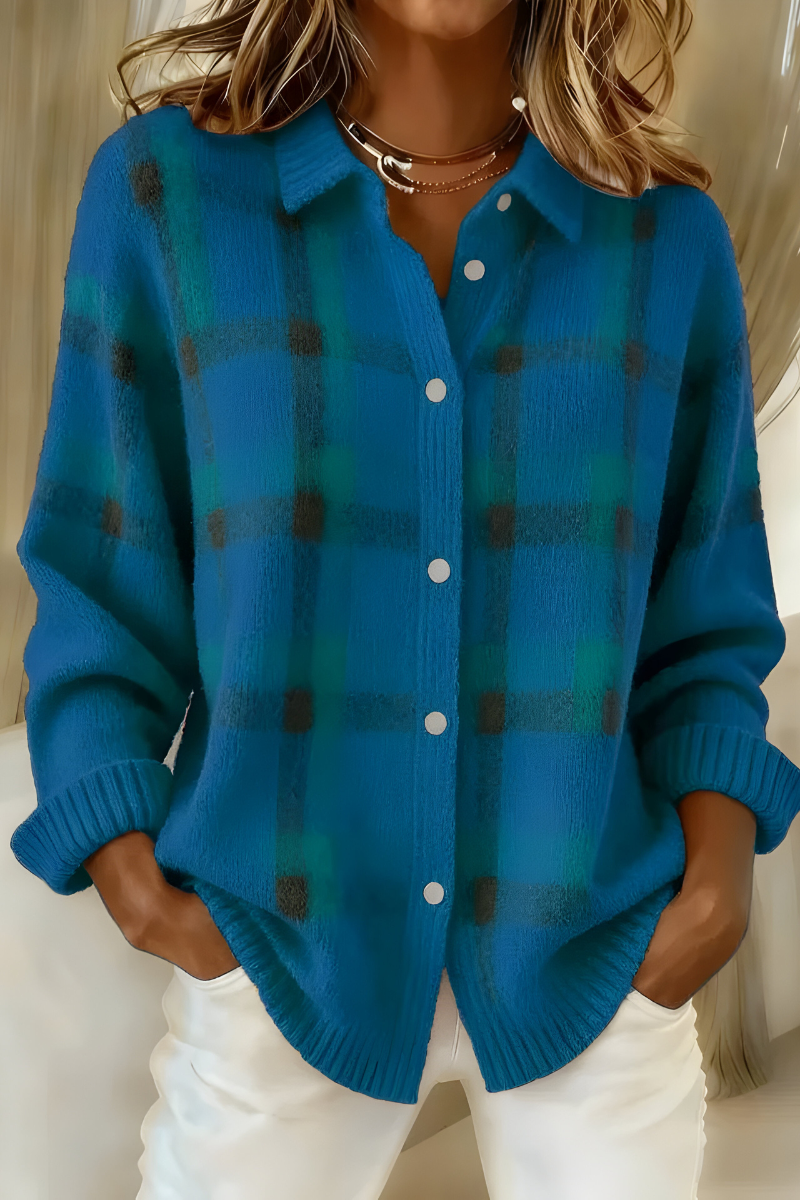 Women's Brushed Knit Check Cardigan with Collar and Buttons