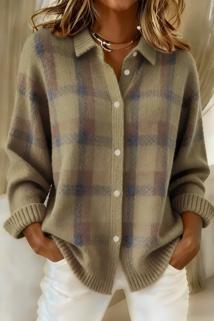 Women's Brushed Knit Check Cardigan with Collar and Buttons