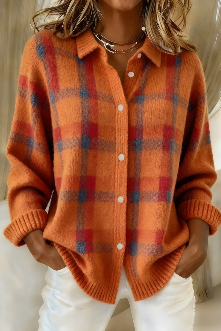 Women's Brushed Knit Check Cardigan with Collar and Buttons