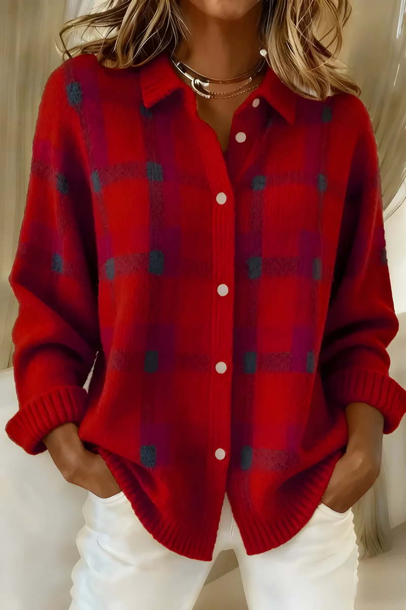 Women's Brushed Knit Check Cardigan with Collar and Buttons