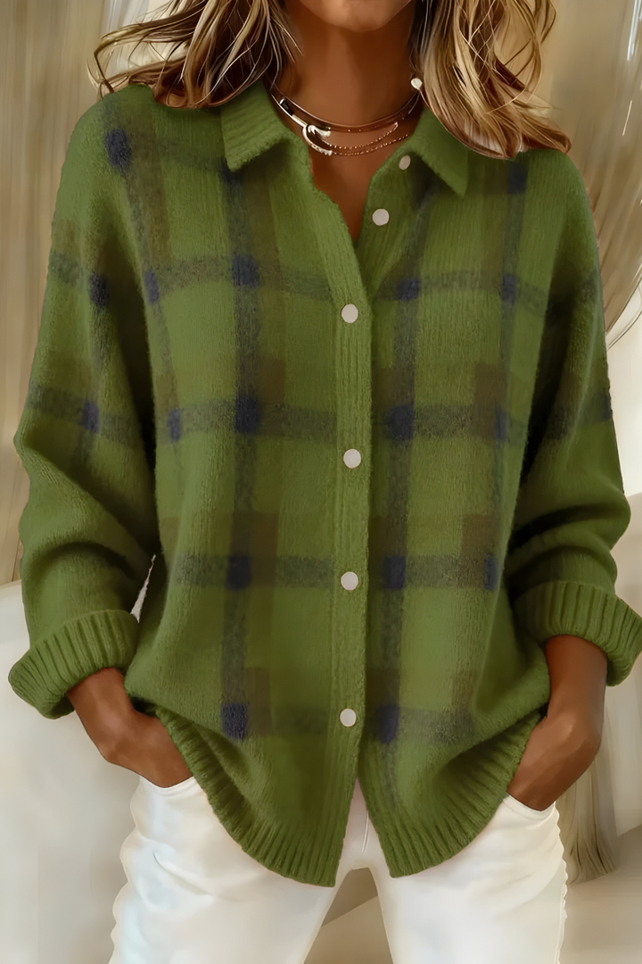 Women's Brushed Knit Check Cardigan with Collar and Buttons