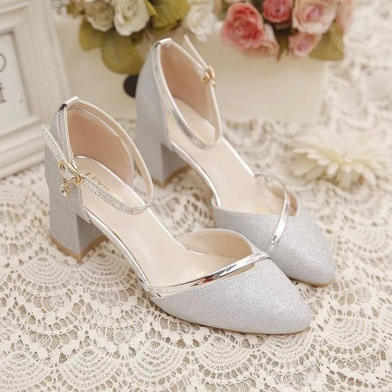 Women's Glitter Block Heels with Ankle Strap