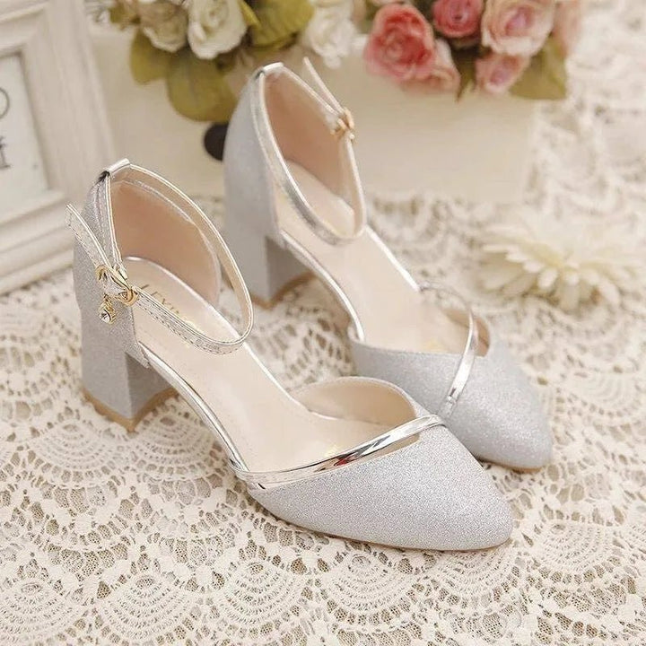 Women's Glitter Block Heels with Ankle Strap