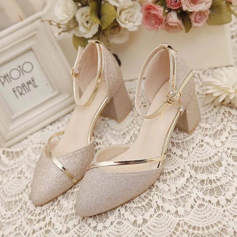 Women's Glitter Block Heels with Ankle Strap