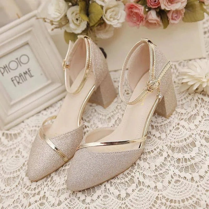 Women's Glitter Block Heels with Ankle Strap