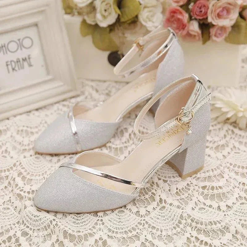 Women's Glitter Block Heels with Ankle Strap