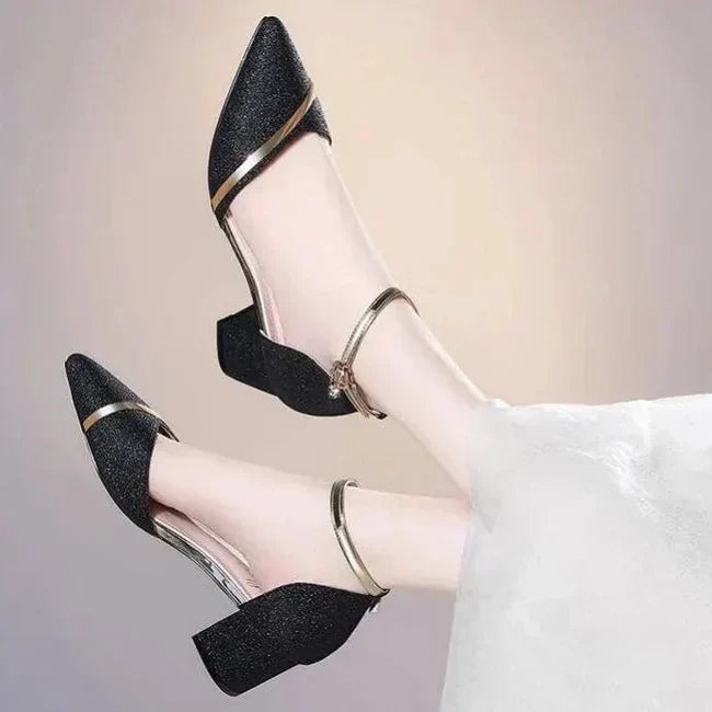 Women's Glitter Block Heels with Ankle Strap