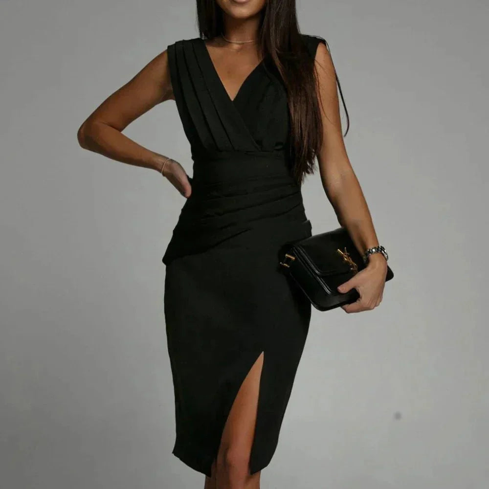 Amelia | Elegant Pleated V Neck Cocktail Dress