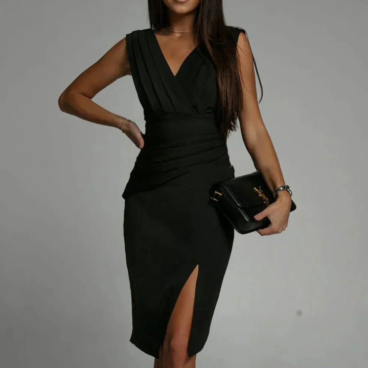 Amelia | Elegant Pleated V Neck Cocktail Dress