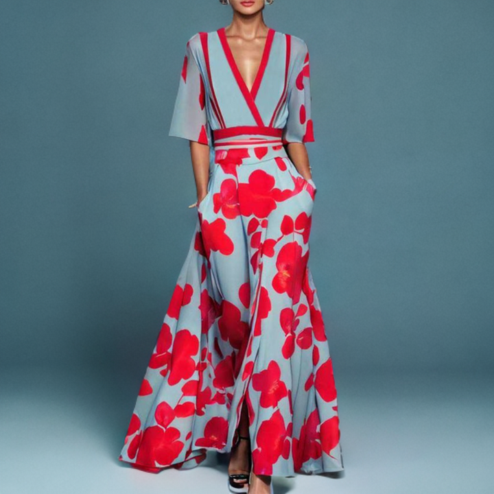Women's Floral Wrap Maxi Dress with Waist Tie
