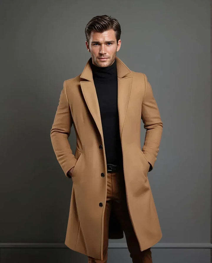 Men's Wool Longline Overcoat with Notched Lapels