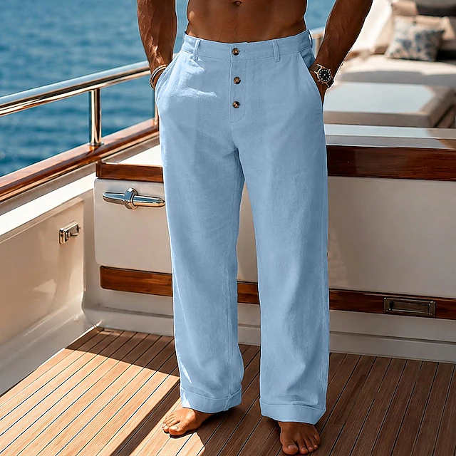 Men's Linen Button-Front Pants with Cuffed Hem