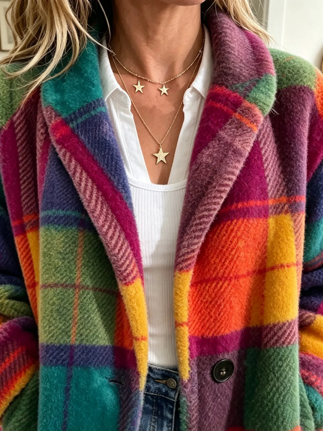 Women's Check Fleece Coat with Button Front