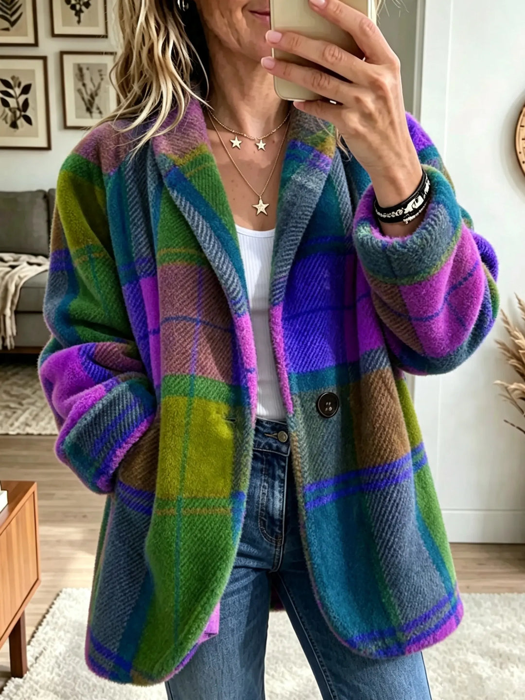 Women's Check Fleece Coat with Button Front