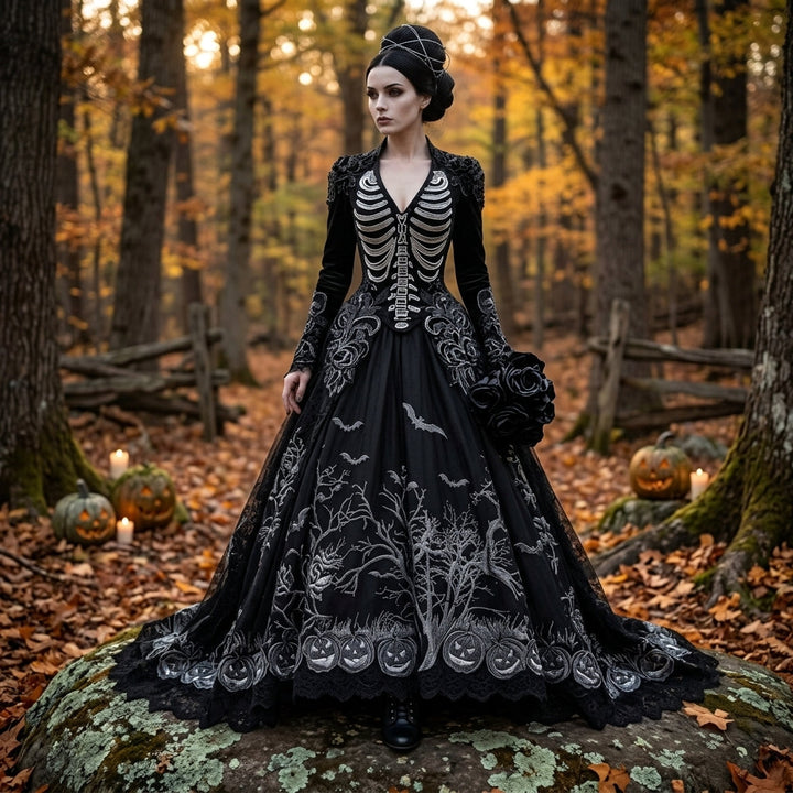 Women's Skeleton Embroidered Gothic Halloween Maxi Dress