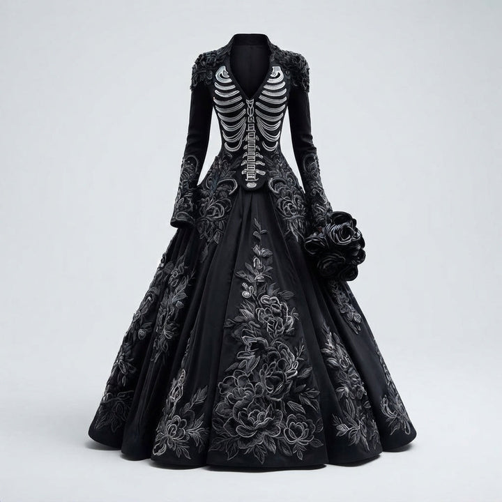 Women's Skeleton Embroidered Gothic Halloween Maxi Dress