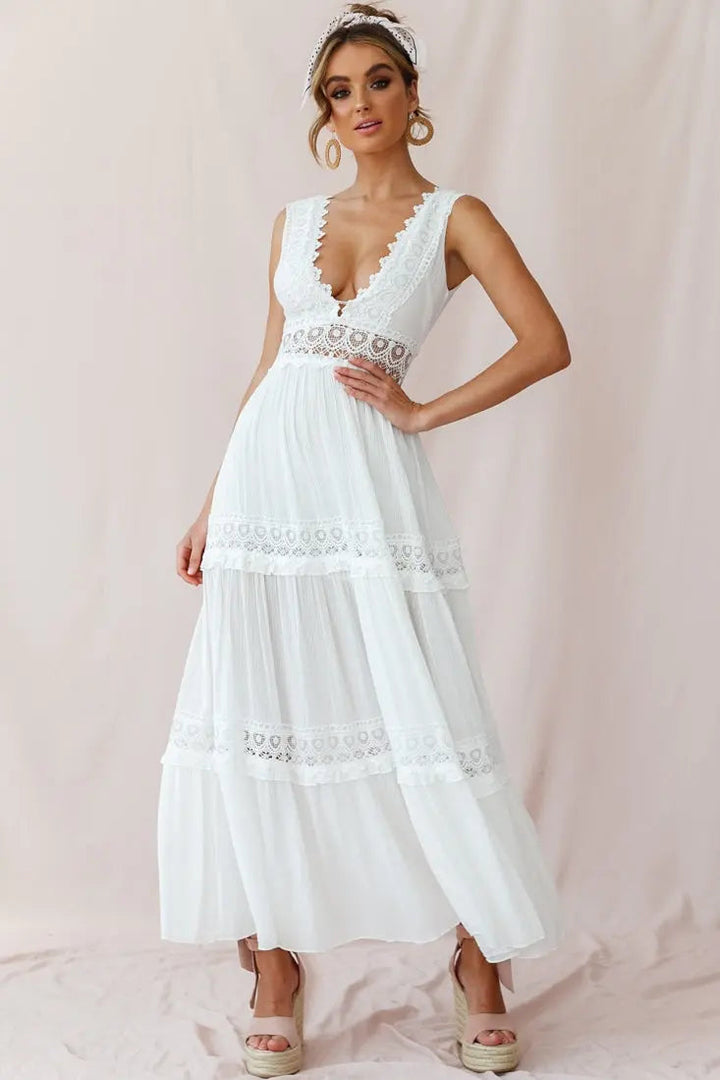 Eliza | Boho V-Neck Crochet Maxi Dress