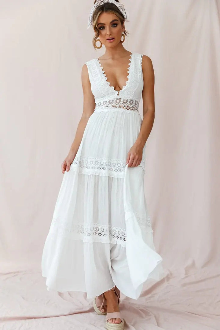 Eliza | Boho V-Neck Crochet Maxi Dress