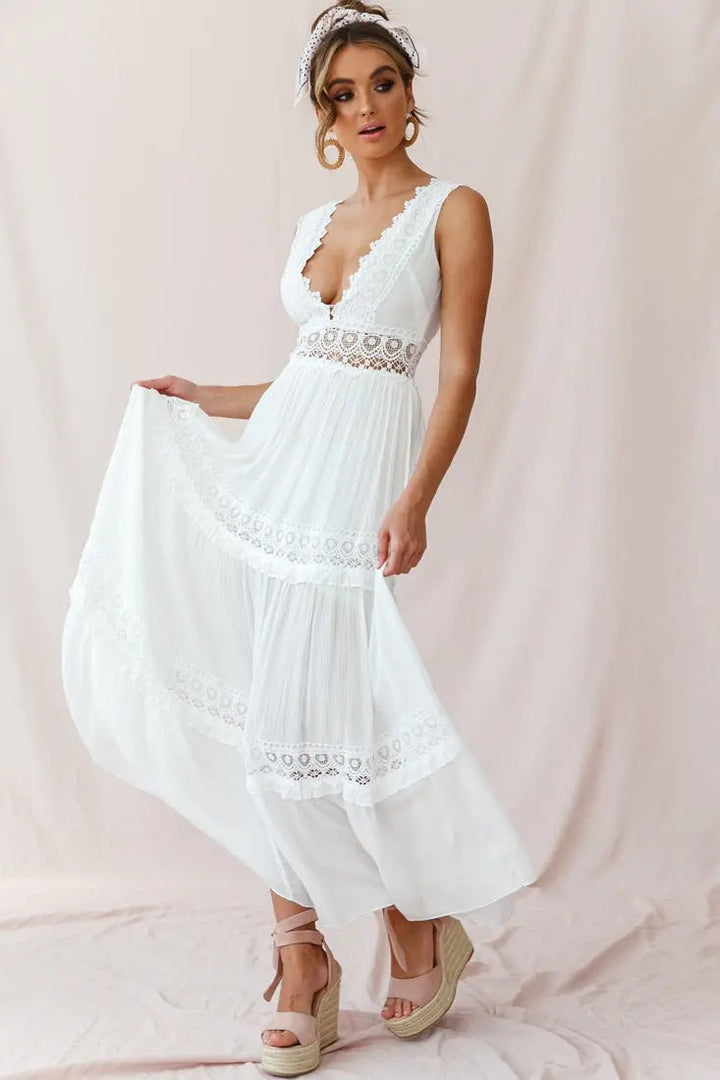 Eliza | Boho V-Neck Crochet Maxi Dress