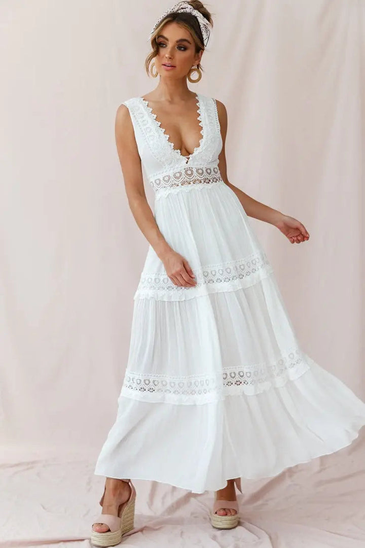 Eliza | Boho V-Neck Crochet Maxi Dress