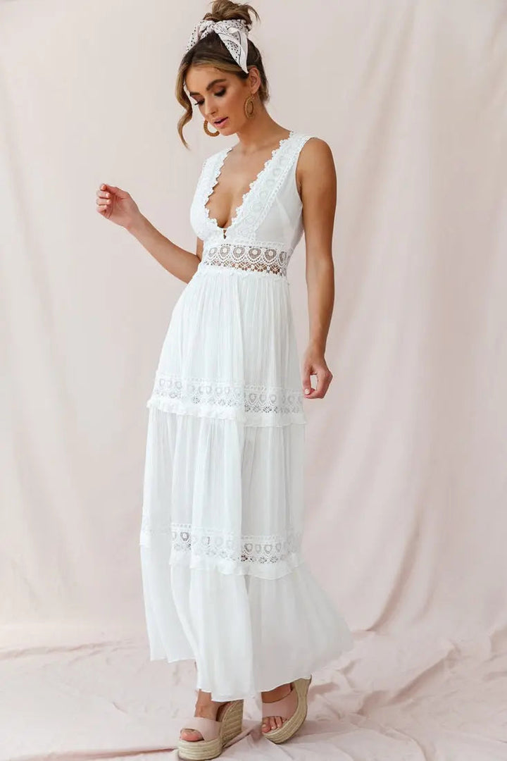 Eliza | Boho V-Neck Crochet Maxi Dress