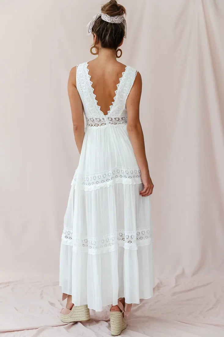 Eliza | Boho V-Neck Crochet Maxi Dress