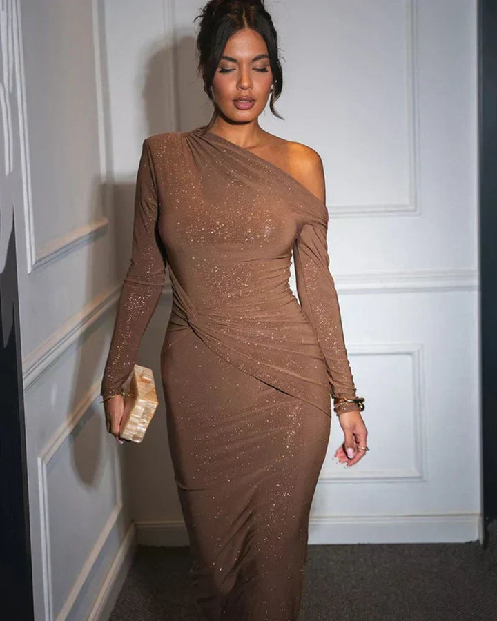 Elodie | Glitter One Shoulder Evening Maxi Dress