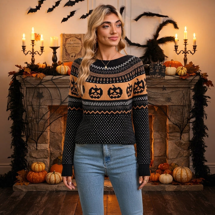 Women's Pumpkin Print Halloween Knit Jumper