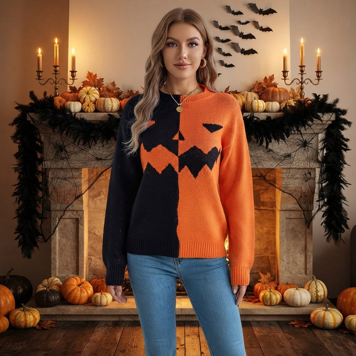 Women's Jack-o'-Lantern Colour Block Halloween Jumper