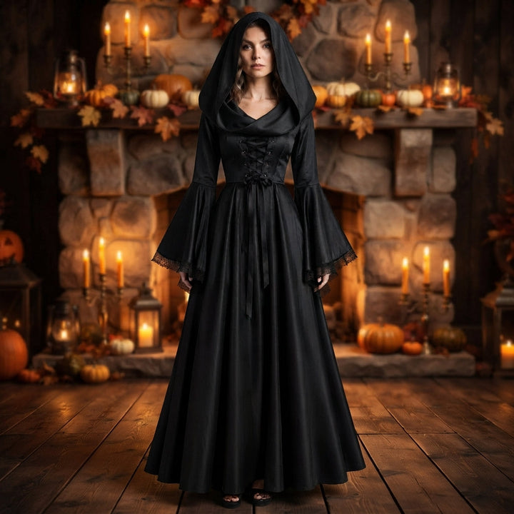 Women's Hooded Witch Halloween Costume Dress with Laced Corset Front