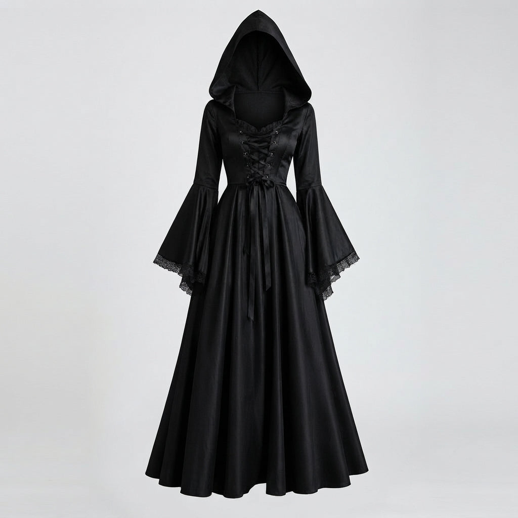 Women's Hooded Witch Halloween Costume Dress with Laced Corset Front