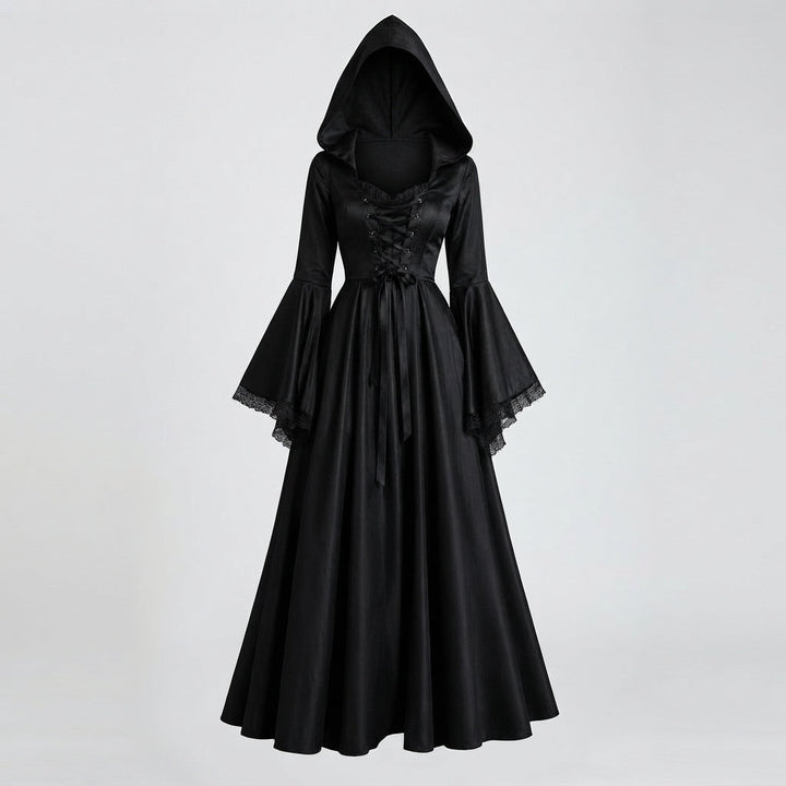 Women's Hooded Witch Halloween Costume Dress with Laced Corset Front