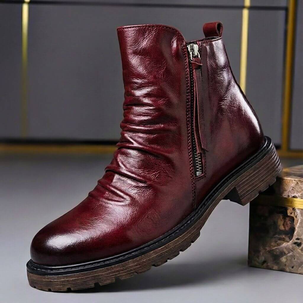 Men's Waxed Ankle Boots with Side Zip and Ruched Front