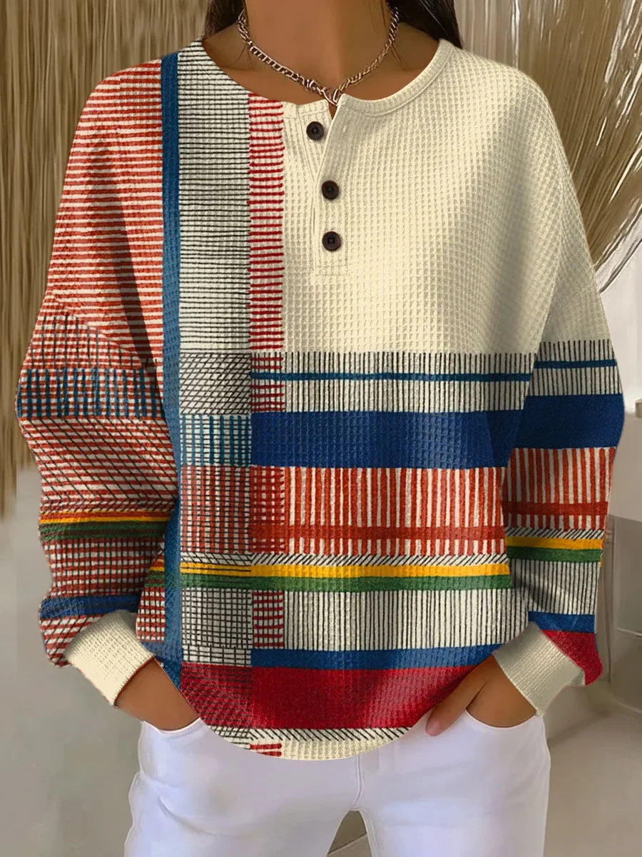 Women's Waffle Knit Button-Front Jumper in Colour Block Print