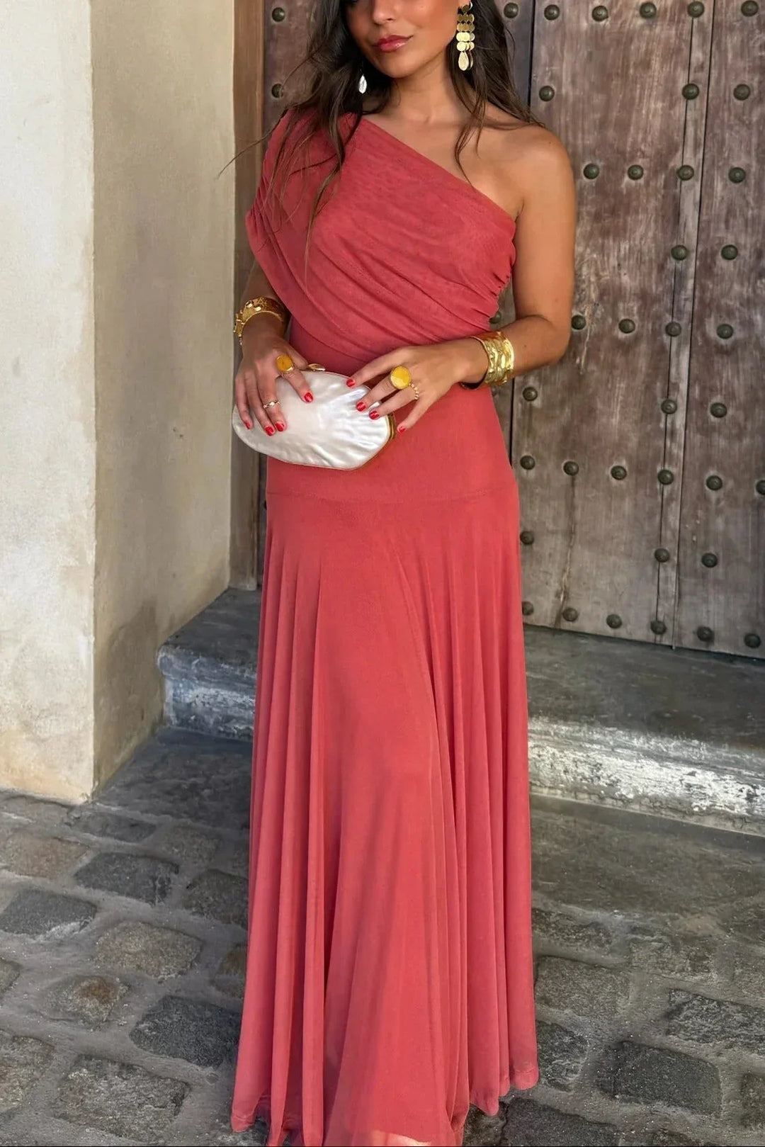 Women's Off-Shoulder Maxi Dress with Ruched Detail