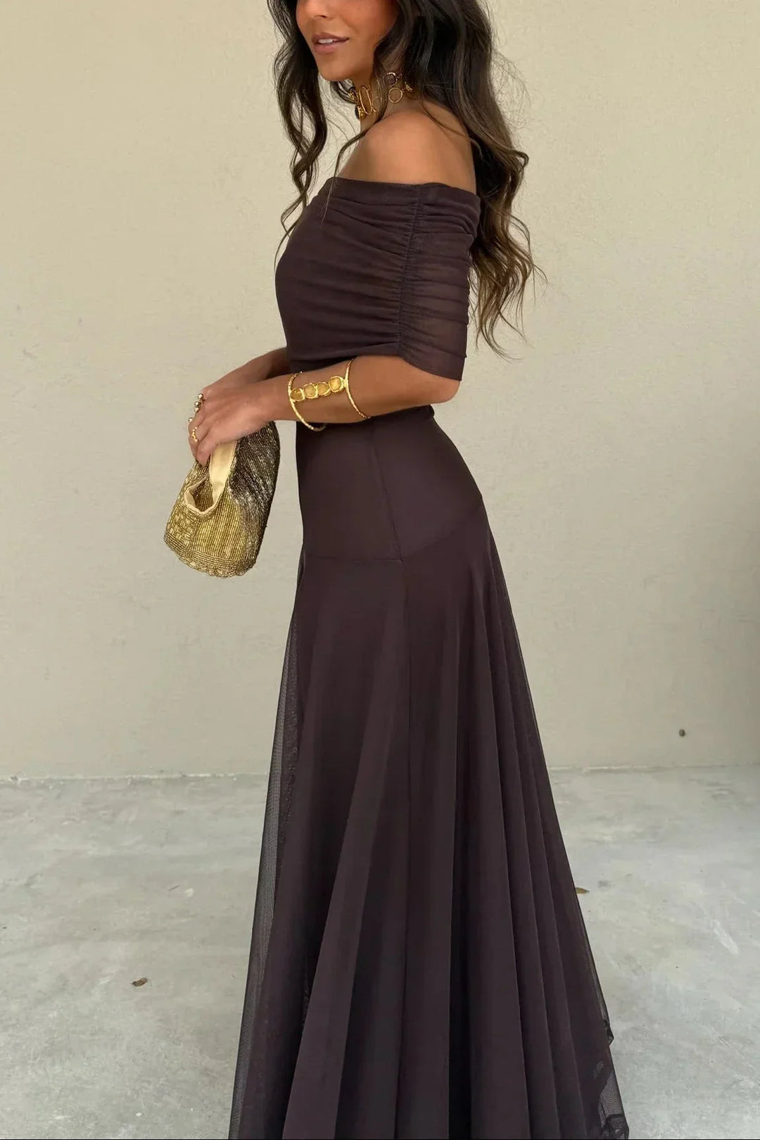 Women's Off-Shoulder Maxi Dress with Ruched Detail