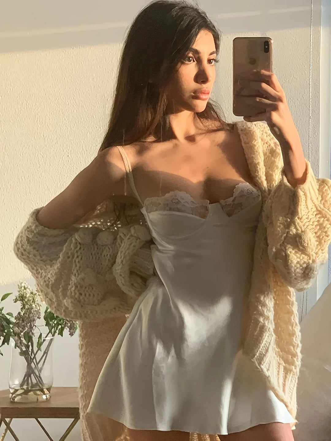 Women's Satin Lace Trim Slip Dress