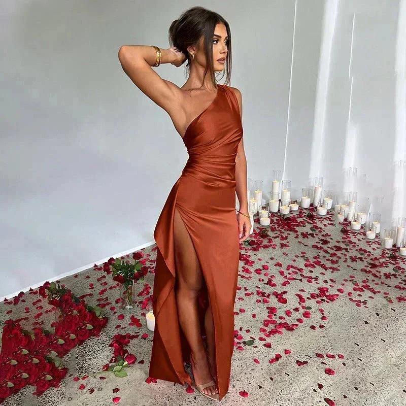 Women's Satin One-Shoulder Maxi Dress with High Slit