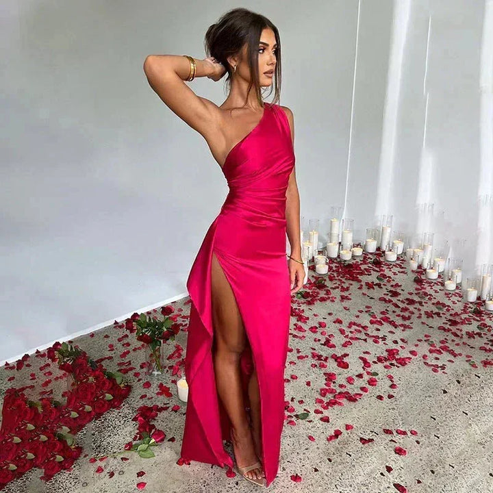 Women's Satin One-Shoulder Maxi Dress with High Slit