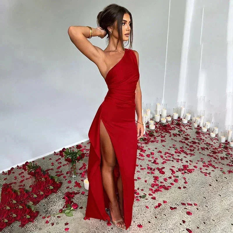 Women's Satin One-Shoulder Maxi Dress with High Slit