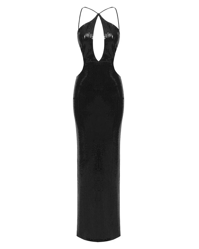 Women's Sequin Cutout Halter Party Maxi Dress