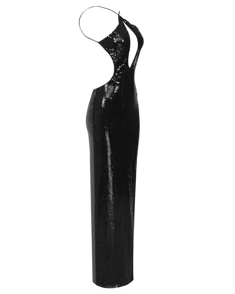 Women's Sequin Cutout Halter Party Maxi Dress