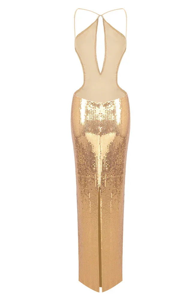 Women's Sequin Cutout Halter Party Maxi Dress