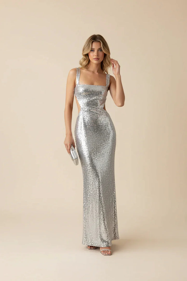 Women's Sequin Party Maxi Dress with Cutout Waist