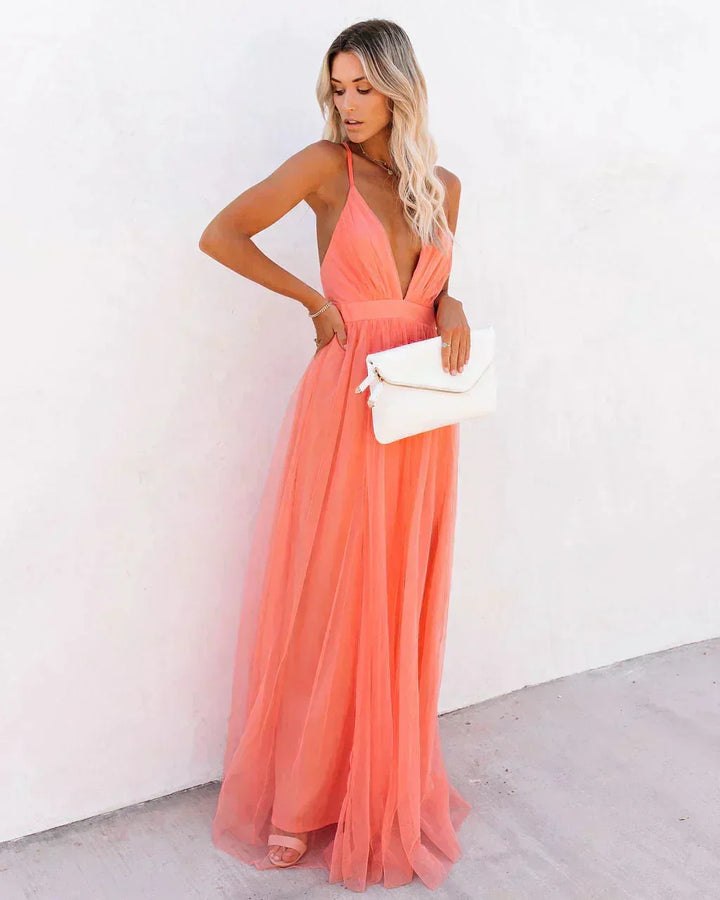 Women's Plunge Neck Wedding Guest Maxi Dress